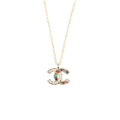 CHANEL GOLD CC LOGO COLORFUL RHINESTONE PEARL NECKLACE AB8540